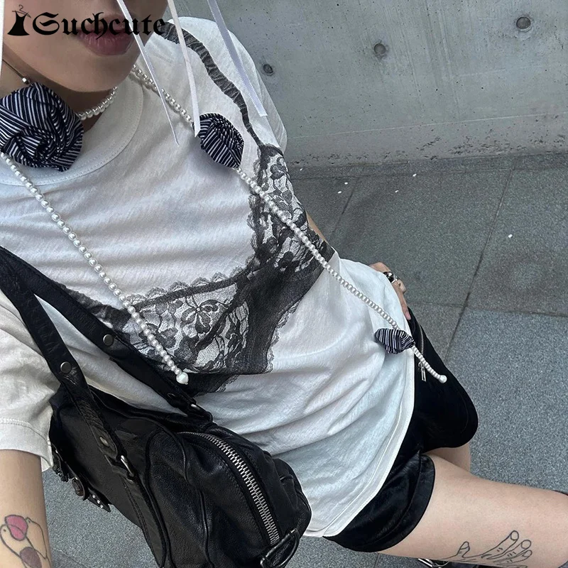 SUCHCUTE Black Lace Bra Print Y2K Streetwear White Graphic T-shirts Women Pullovers Jerseis Gothic Short Sleeve Tee Summer Tops