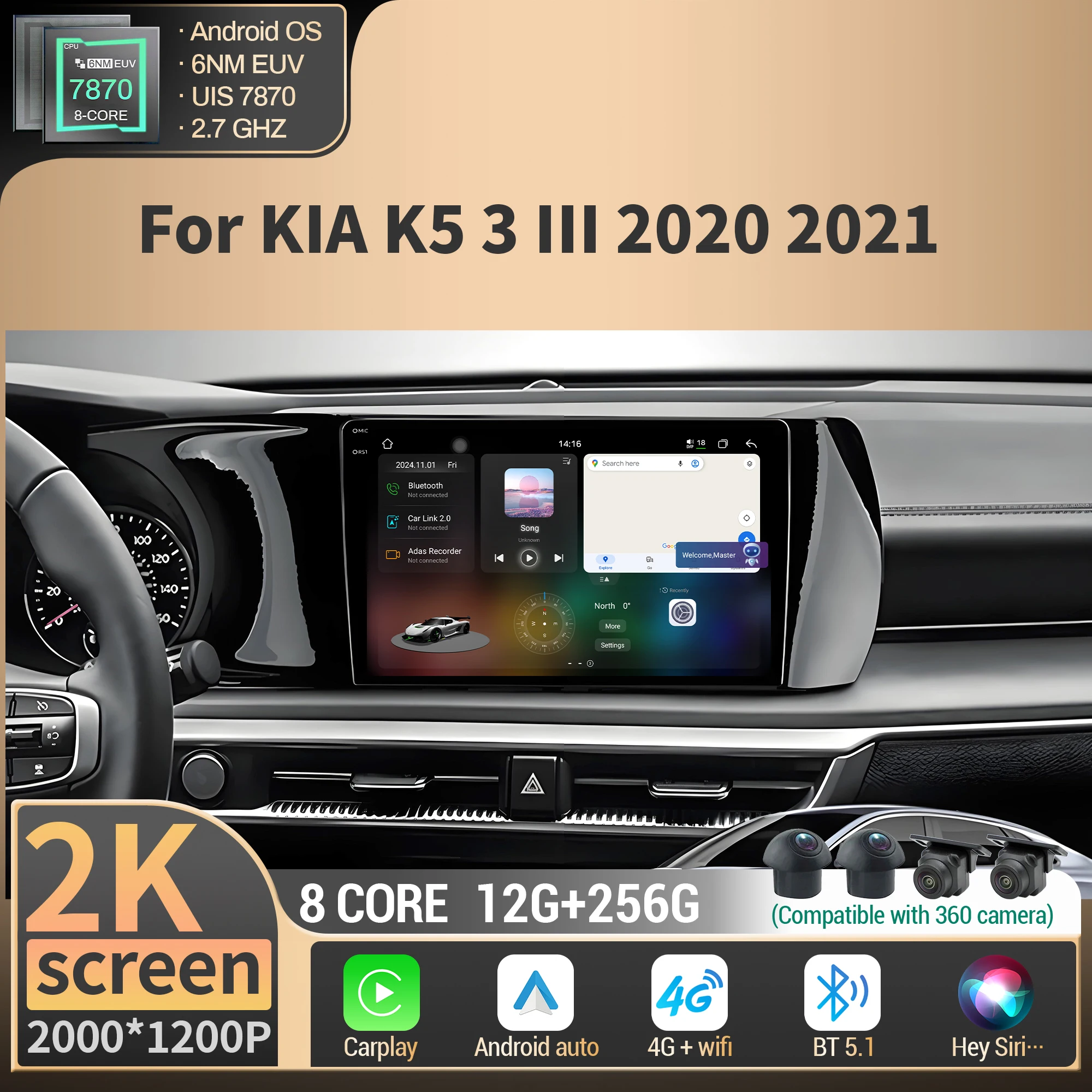 

For KIA K5 3 III 2020 2021 Car Radio Wireless BT CarPlay Android 4G GPS Navigation Multimedia CPU 7870 2K QLED Screen Stereo