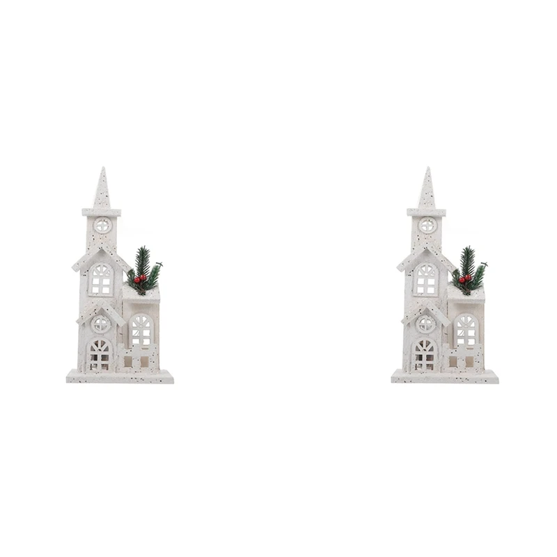 

2X Christmas Wood Village Christmas LED Church Light House Snow Scene Xmas Decorations For Christmas Desktop Ornament