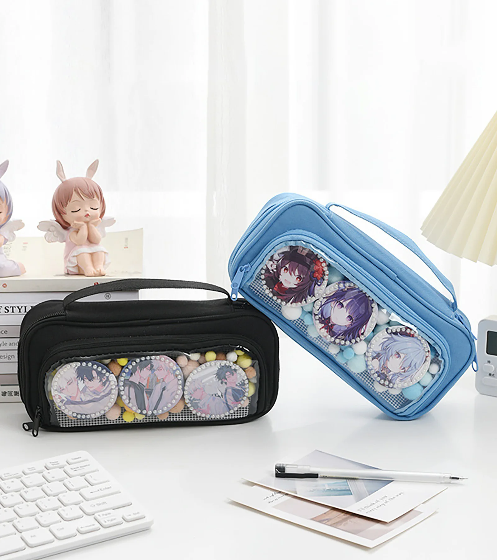 Itabag-Grid Malha Lápis Estojo com Janela Clara, Kawaii Pin Display Bag para Estudante Adolescente, Escola Universitária e Escritório