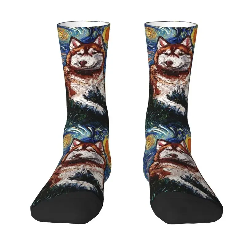 Siberian Husky Starry Night Art Men's Crew Socks Unisex Kawaii 3D Print Pet Dog Lover Dress Socks