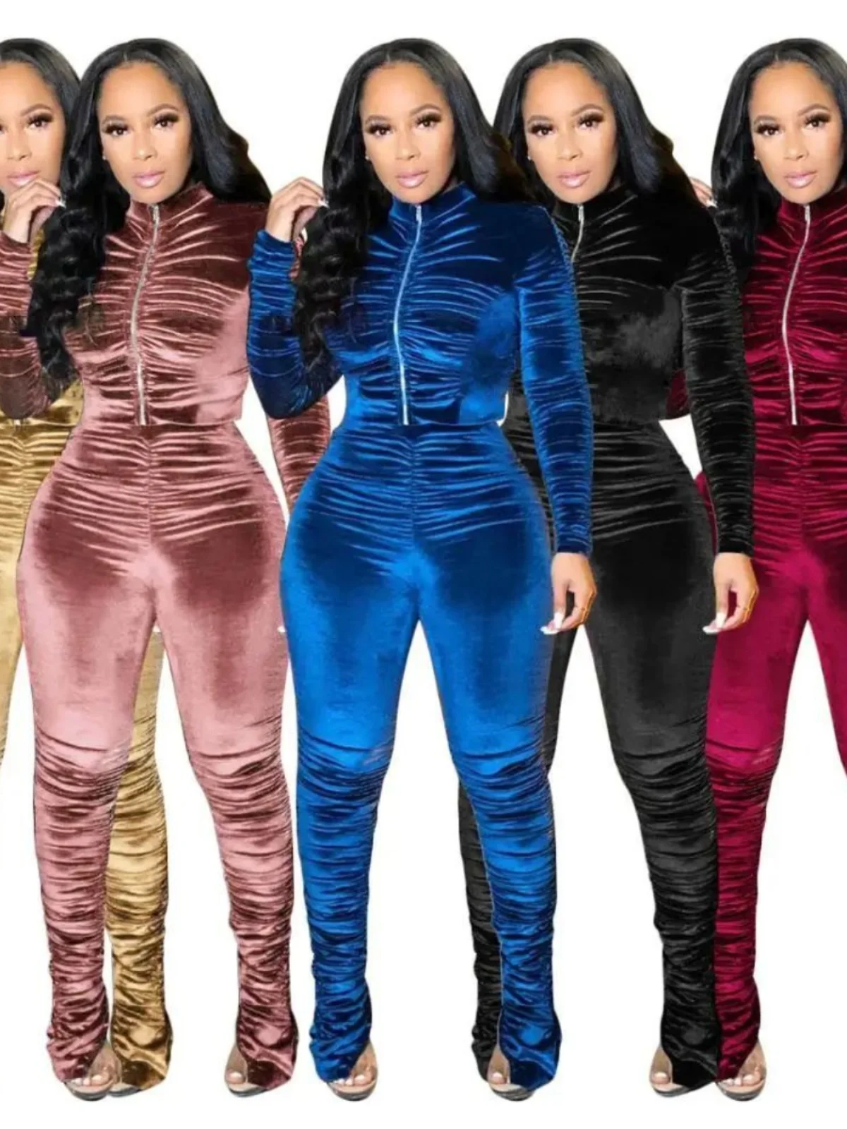 

Women's High Ne Pleated Slim Fit Casual Set Long Sve Long Pants Autumn Faion Ele Sle Two Pieces Suit