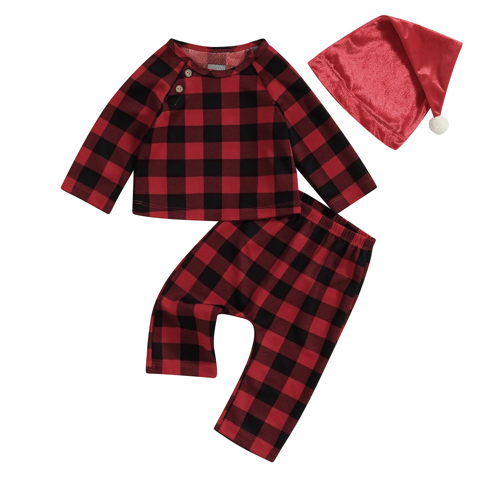 

BeQeuewll Infant Baby Christmas Clothes Plaid Print Long Sleeve Round Neck Tops Pants Hat Set Fall 3Pcs Christmas Outfit