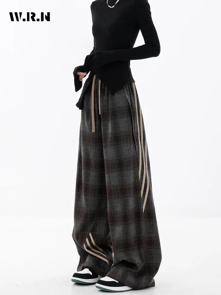 

2024 Summer Vintage Casual Plaid Print High Waist Wide Leg Pants Women's Retro Loose Striped Drawstring Full Length Trousers