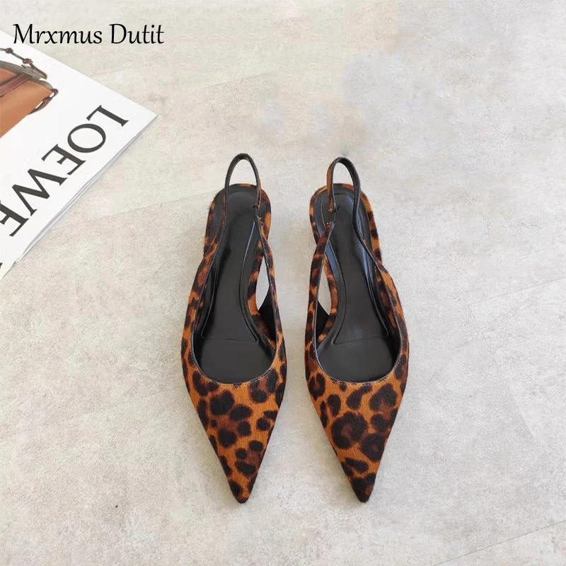 Mrxmus 2024 New Women Summer Fashion Horsehair Leopard Print Sharp Pointed Low Heels Sandals Elegant Temperament Shoes Female