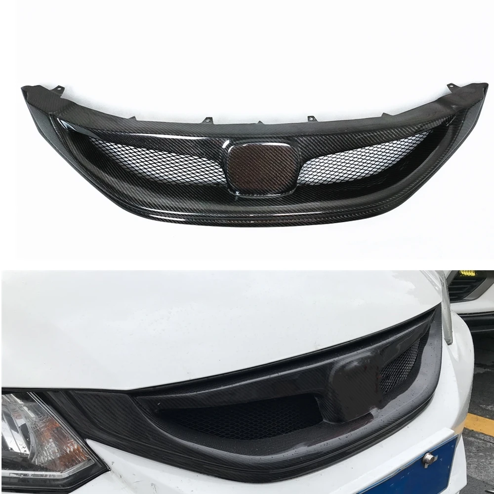 Front Grille Grill For Honda Civic Sedan SI 2013-2015 9th 4 Door Only Real Carbon Fiber Car Upper Bumper Hood Radiator Mesh Grid