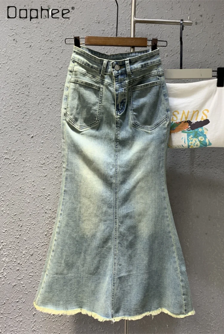 Denim Mermaid Skirt Women Raw Edge Split Back Pocket Hip Wrap Fishtail Skirt 2024 Summer New Vintage Casual Long Skirts