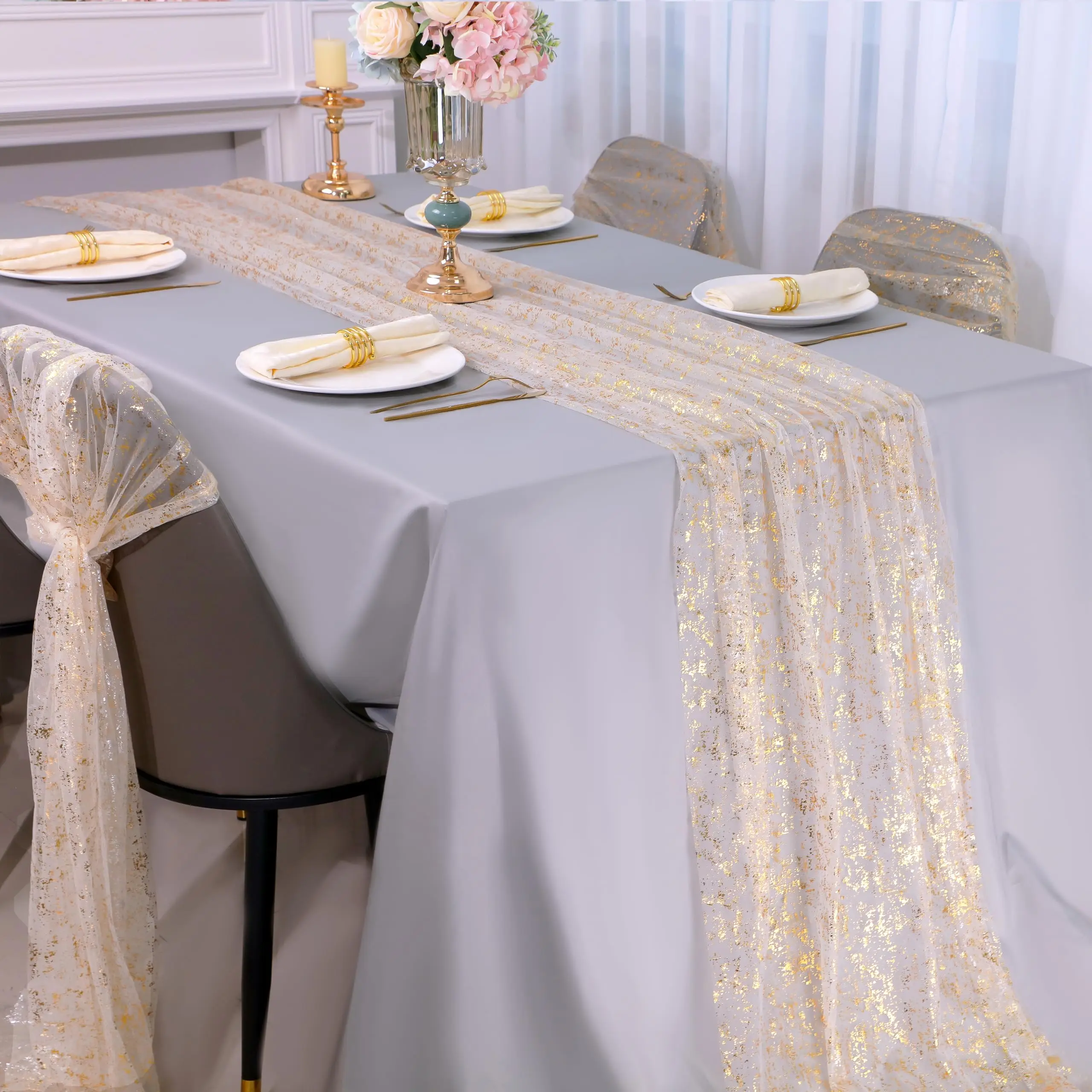 Gold Table Runner,Gauze Sheer Chiffon Cheesecloth Runner Sequin Glitter Metallic Foil, Gold Party Table Decor Centerpiece