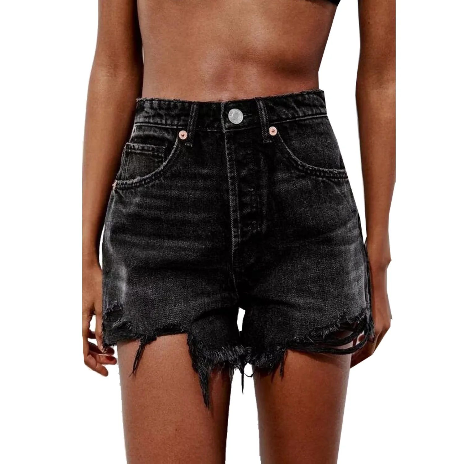 Women\'s New Shorts Fashionable Perforated Decoration High Waist Mini Ragged Edge Denim Shorts