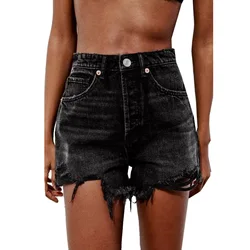 Women's New Shorts Fashionable Perforated Decoration High Waist Mini Ragged Edge Denim Shorts