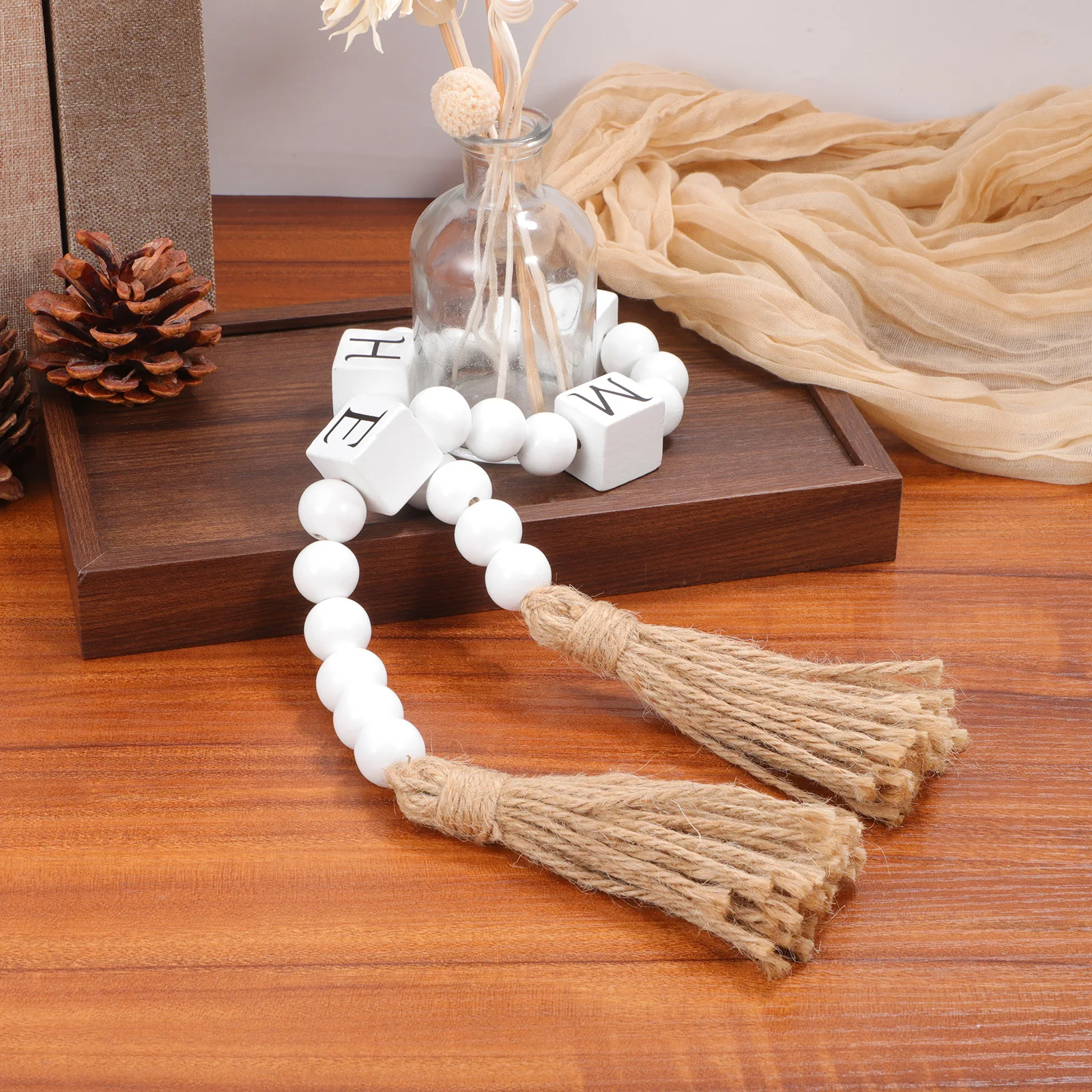 

Wood Bead Garland Tassels Boho Decorative Rustic Wall Hanging Farmhouse Bookshelf Home Decor Wood Bead Garland