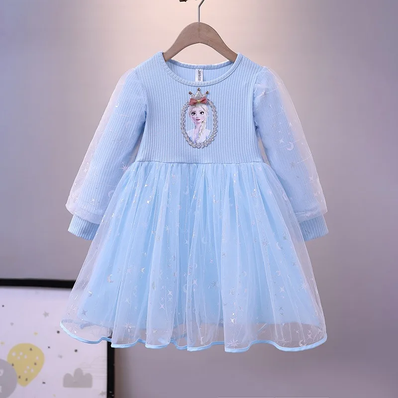 Disney-Robe de princesse Frozen pour filles, robe à manches longues pour enfants, vêtements de fête d'anniversaire Anna, gaze pour enfants, nouveau, 2024, 2-8T