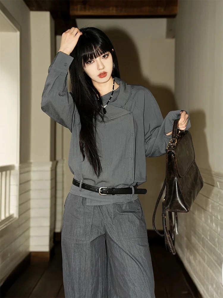 

Retro Design Long Sleeve Shirt Women's Loose Fit Waist Cinched Shirt Spring New Style Korean Style Cotton Blend Casual Shirt