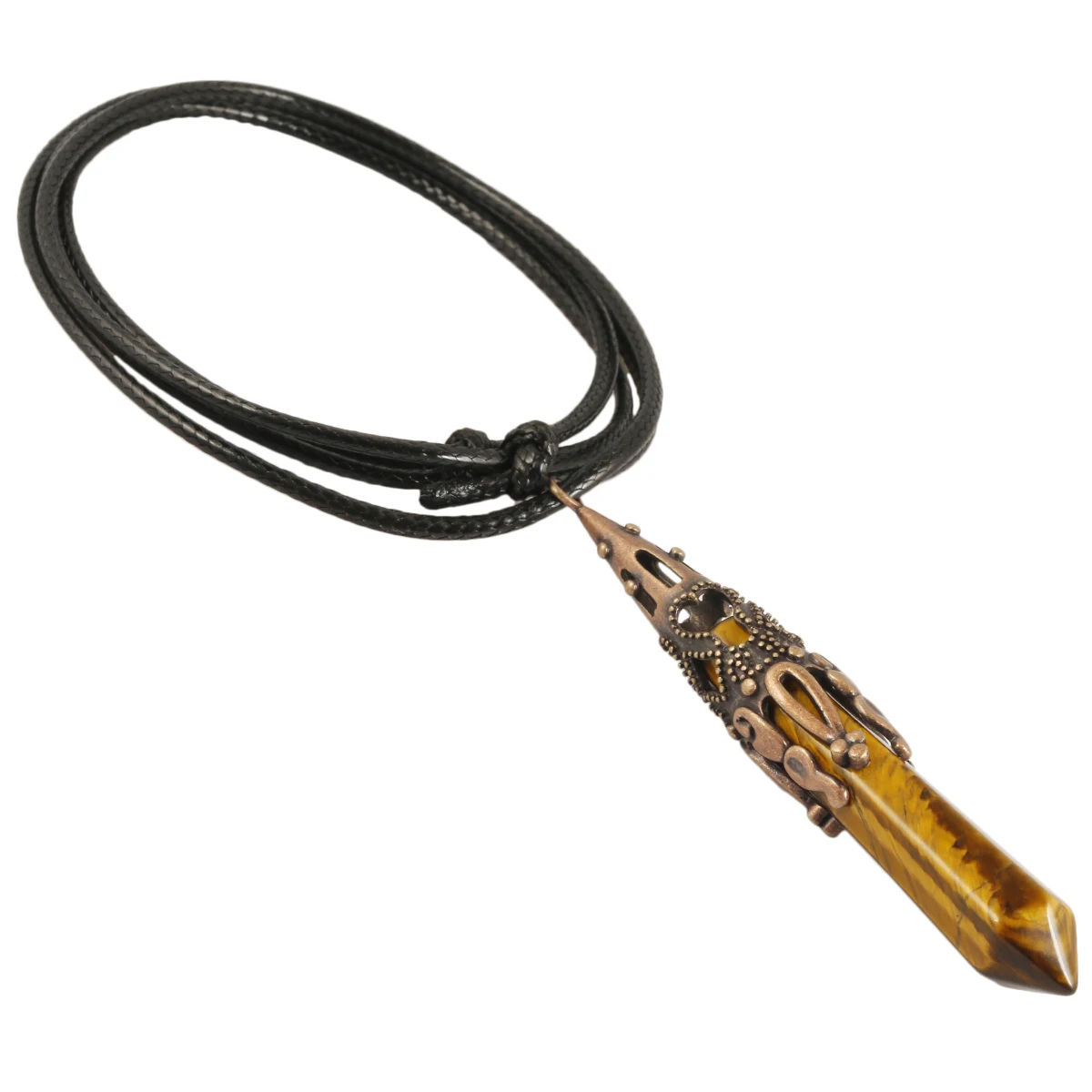 Natural Crystal Stone Pendant Necklace Copper Plated Hexagonal Point Prism Pendant With Cord Adjustable Unisex Jewelry