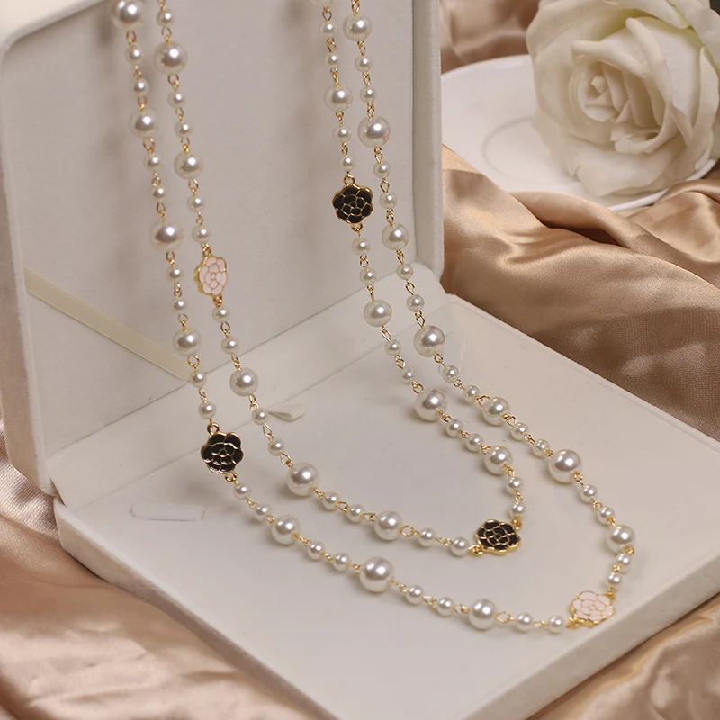 long pearl kpop chain brand neckless beads jewelry on the neck flowers femme necklace for women girls accessories gift 2022