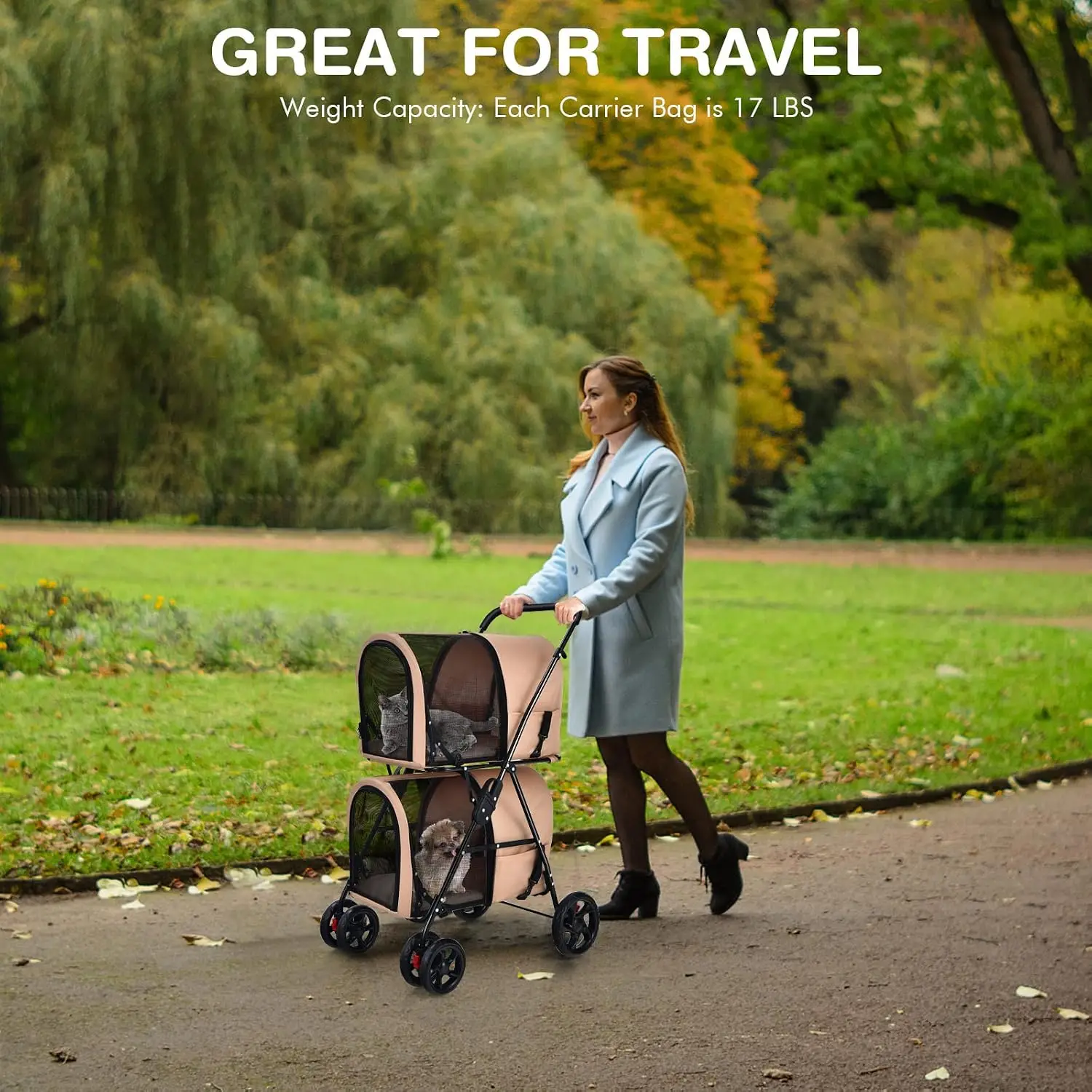 Double Pet Stroller with 2 Detachable Carrier Bags, Safety Belt, 4 Lockable Wheels, Folding Cat & Dog Stroller, Customized