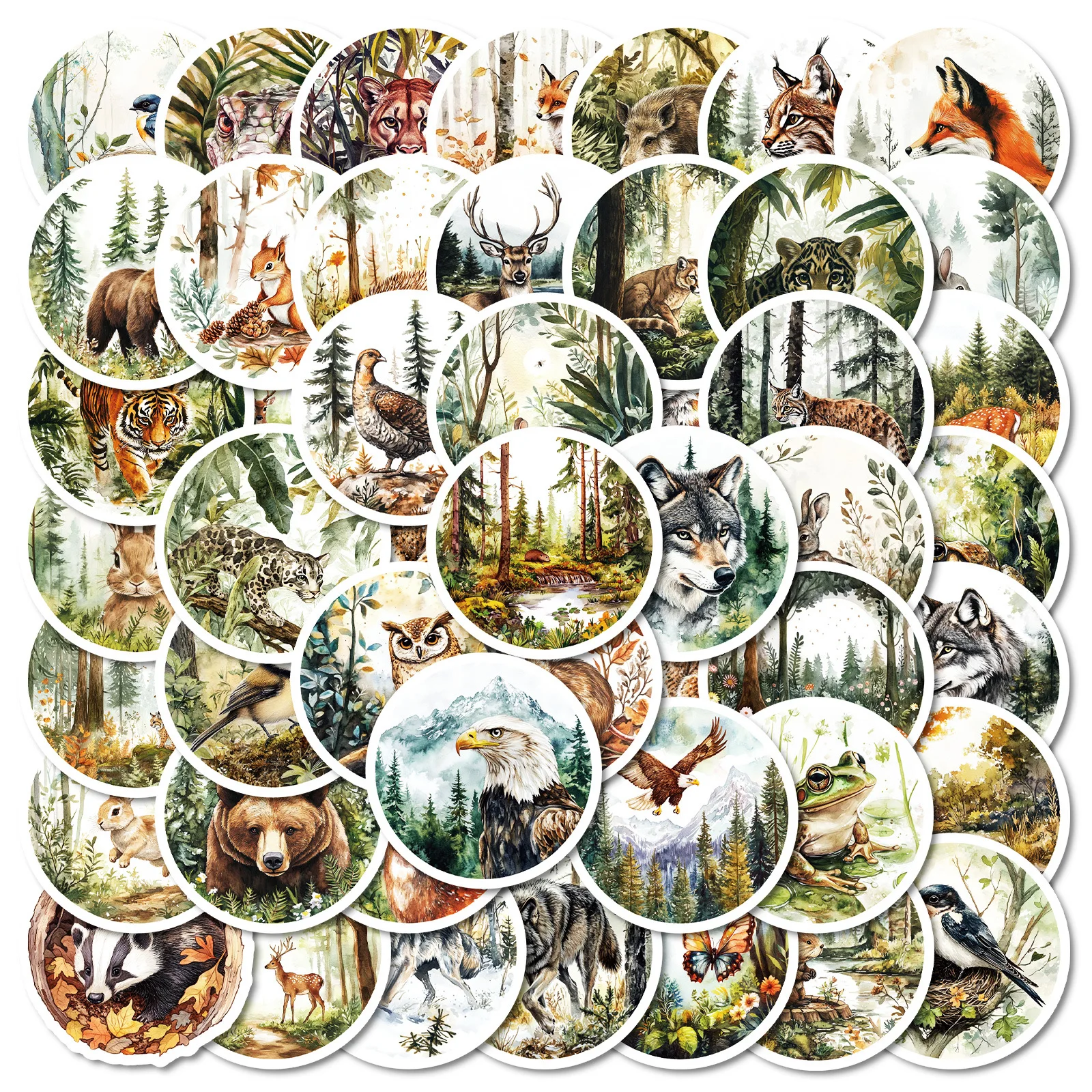 50 PCS Round Vintage Watercolor Animal Stickers, Tiger Fox Rabbit, Waterproof for Notebook Journal Laptop