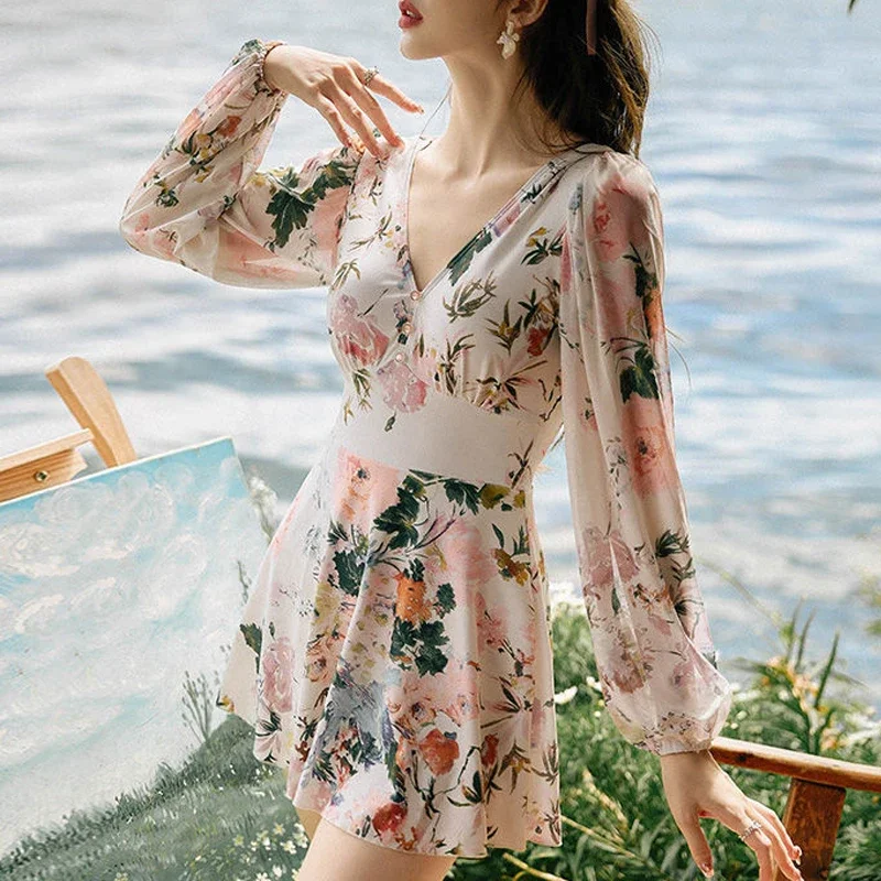 Floral Printed High Waist Elegant Fashion One Piece Dress Swimsuit V Neck Long Sleeve Beach Holiday Swimwear Bathing Suits E541