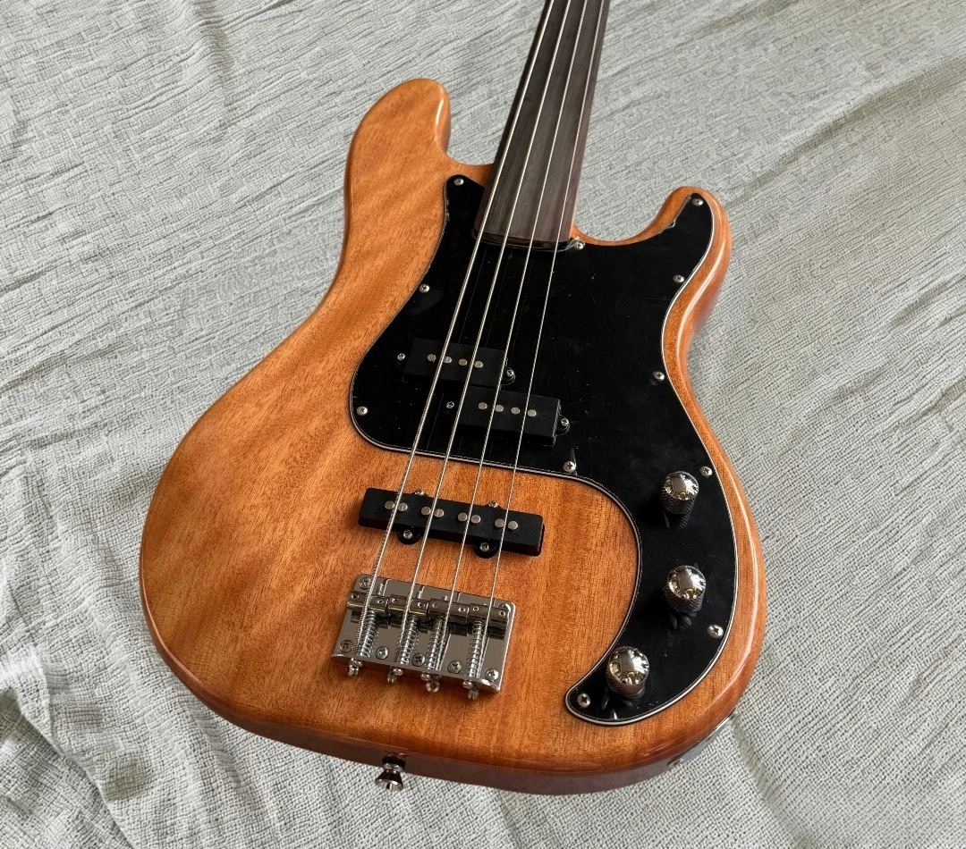 4-String Fretless Electric Bass Guitar, Natural Wood Finish Solid Body, Black Pickguard, Rosewood Fingerboard