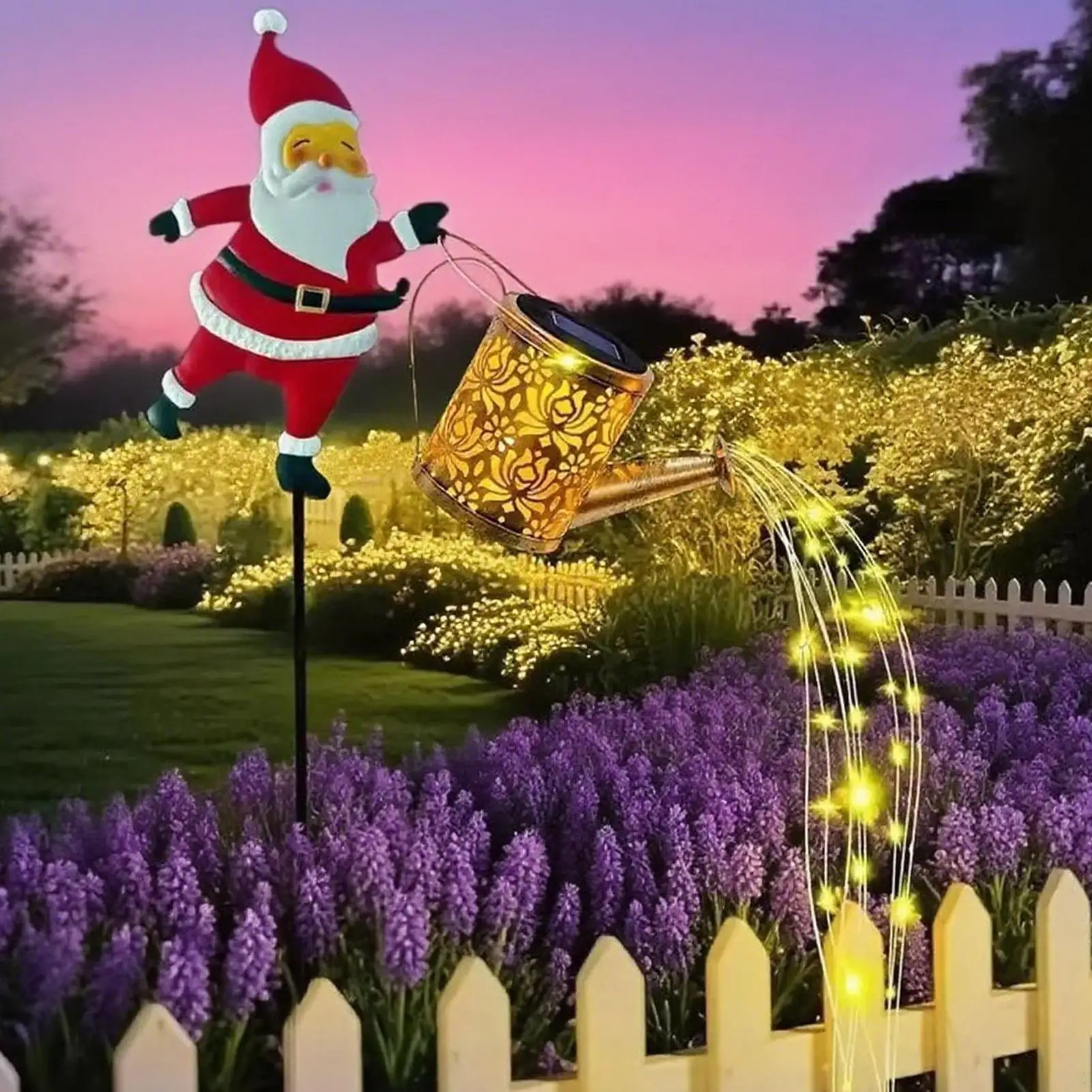 Solar Garden Lights Waterproof Santa Claus Watering Can Design Decorative Solar Watering Can With Lights for Walkway Courtyards