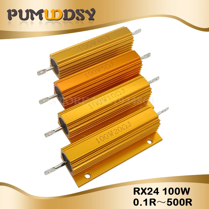 RX24 100W 50W Watt Power Metal Shell Aluminium Gold Resistor 1R 2R 3R 4R 5R 6R 8R 10R 15R 20R 30R 40R 100R 200R 220R Resistance