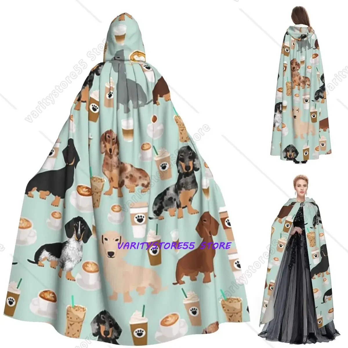 Capa larga con capucha para disfraz de bruja medieval, cosplay, Halloween, vampiro, para adultos, unisex, con diseño de perro teckel.