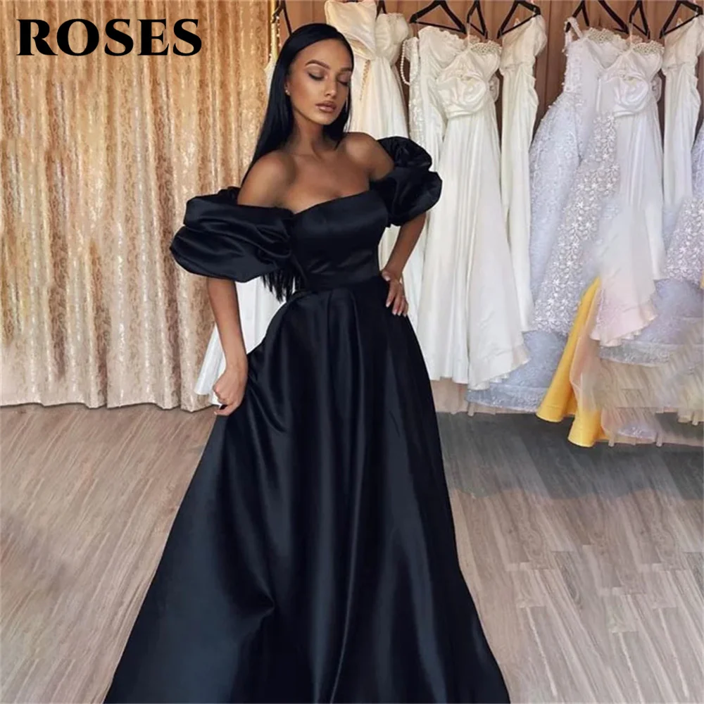 

ROSES Off the Shoulder A Line Evening Dresses Stain Black Prom Dress Simple Strapless vestidos de fiesta Sweep Train Prom Gown