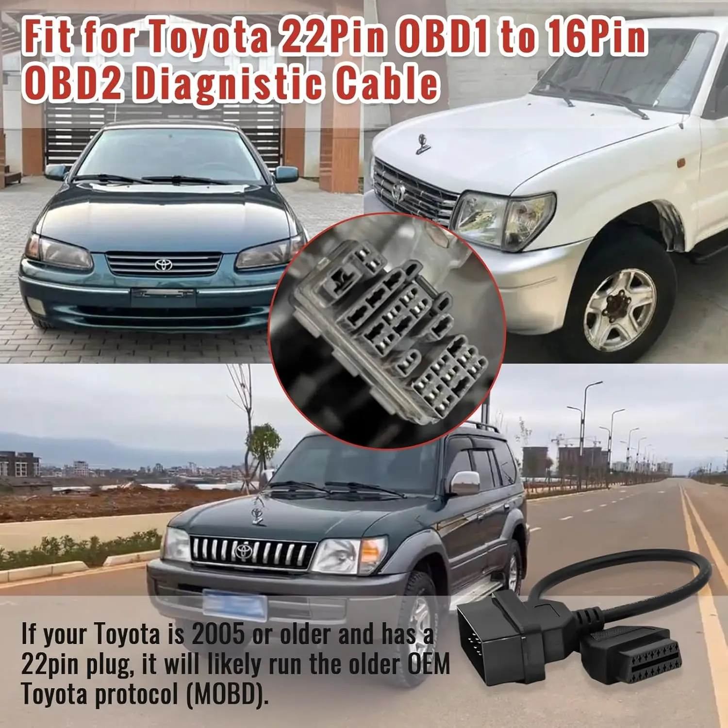 OBD Adapter Fit for Toyota 22 Pin OBD1 to 16 Pin OBD2 Diagnostic Cable Work with OBD2 Scanner Tool/Code Reader