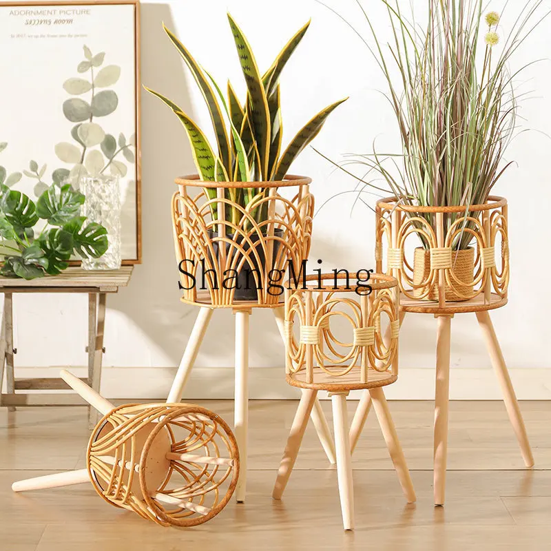 

FG woven flower pot imitation rattan flower stand high foot floor type hollow balcony bamboo flower basket
