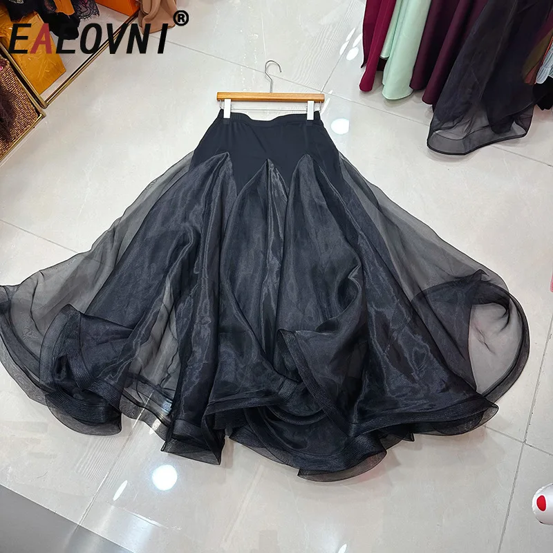 

EAEOVNI 2026 Spring New Women's Skirt Organza High Waist Patchwork Solid Color A Line Long Mesh Skirts Casual Clothing