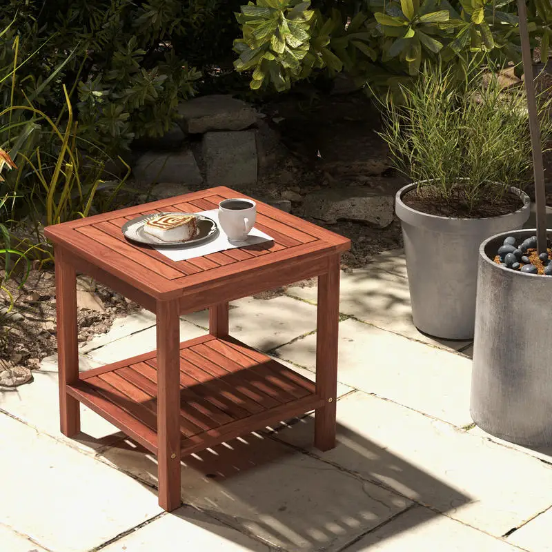 

Double-Tier Acacia Wood Patio Side Table with Slatted Tabletop and Shelf