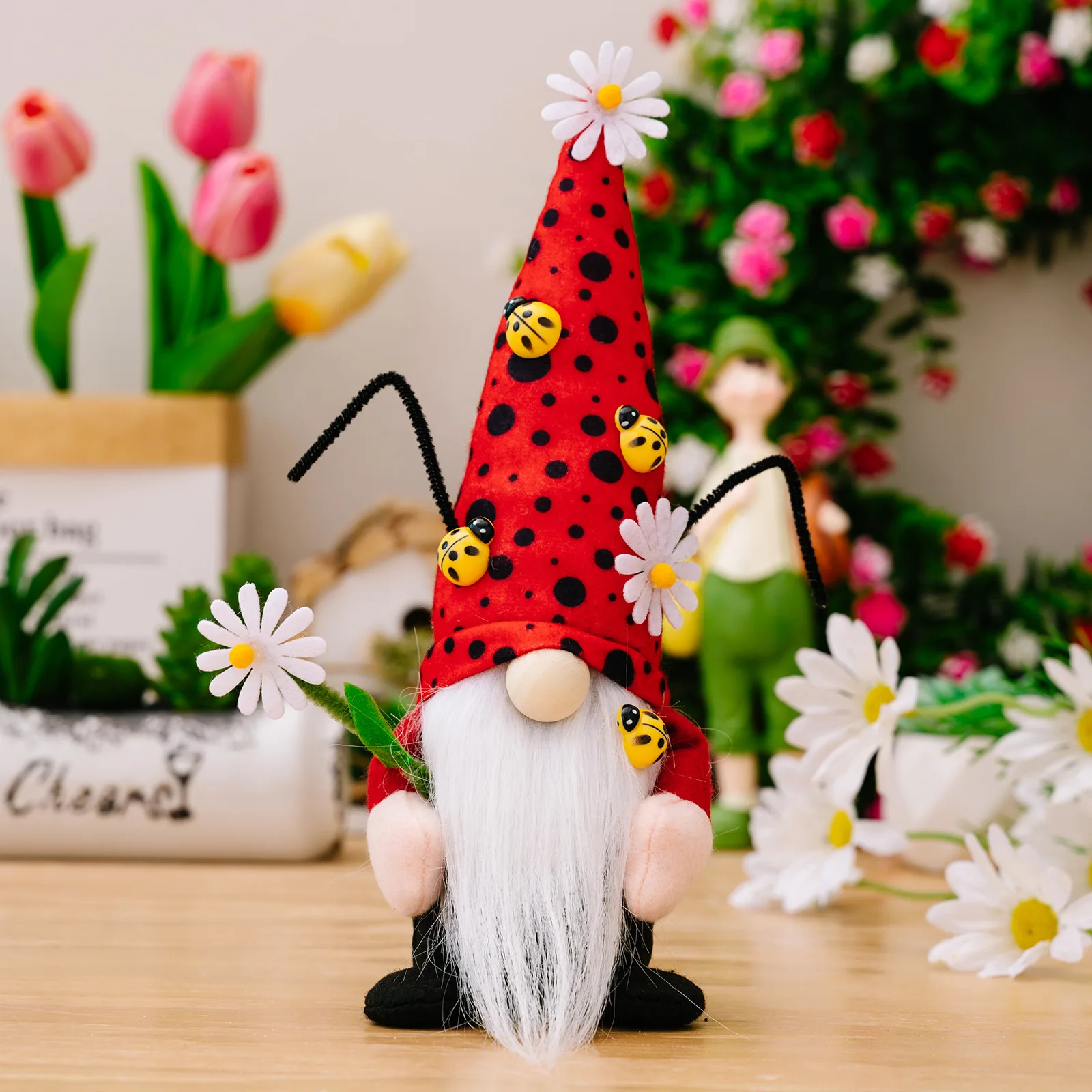 Ladybug Gnomes Kitchen Tiered Tray Decor Plush Swedish Tomte Scandinavian Figurine Spring Summer Farmhouse Household Ornament