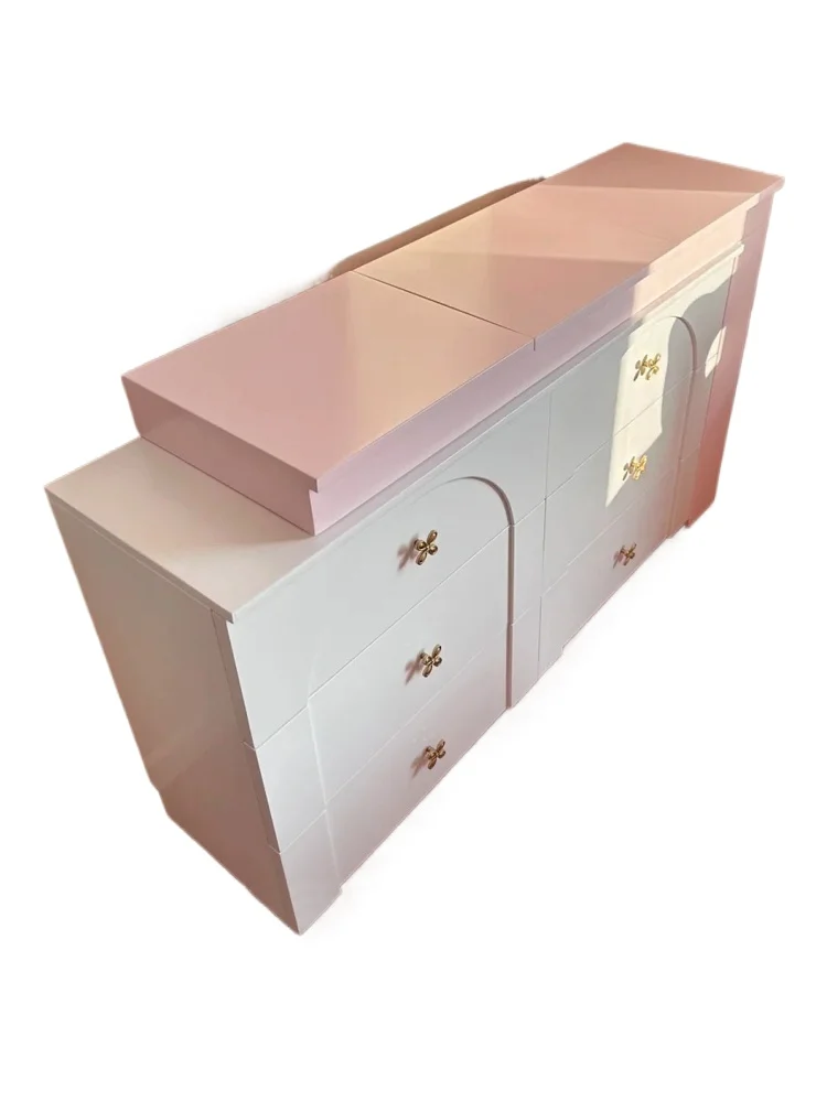 

Dopamine bedroom pink L-shaped dresser, white chest combination, solid wood retractable dresser mirror furniture