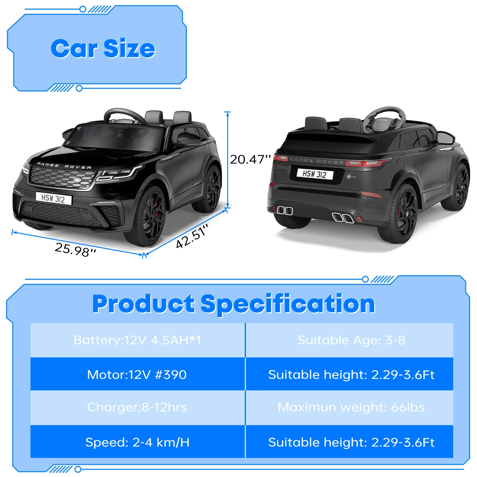 12V Ride On Car, Electric Vehicle Toy for Kid & Toddler, Battery Powered Electric Truck with Remote Control, Music, LED Lights