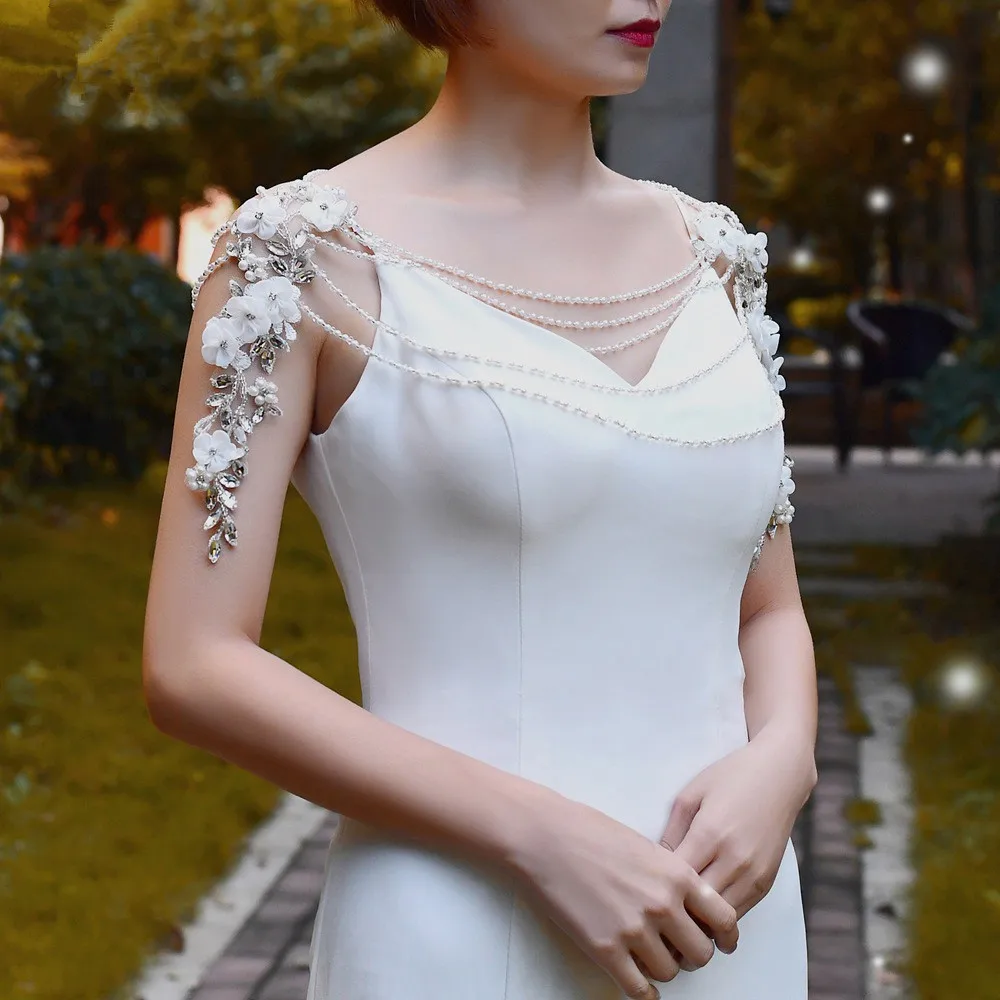 

Wedding Dress Shoulder Chain Lace with Rhinestones Bridal Gown Accessory Tassel Detail One-Shoulder Design for Brides