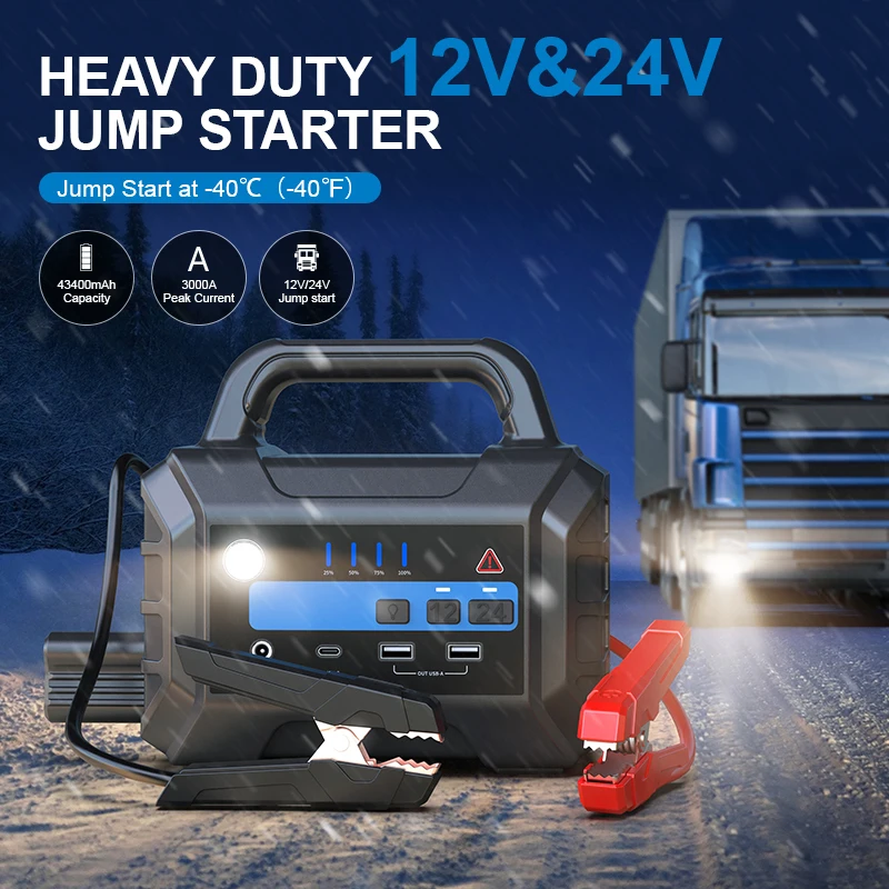 Multifunction High Power 43400mA 3000A Vehicle Jump Starter 12/24V for Heavy Duty Tractor and Truck