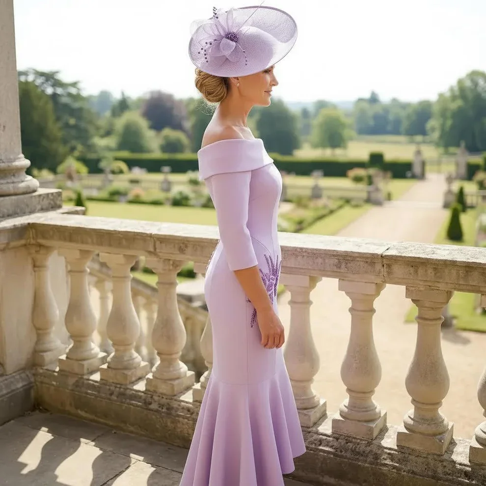 Customized Lilac Mermaid Mother Of Bride Dress Off Shoulder 3/4 Sleeve Side Beaded Formal Wedding Guest Gown