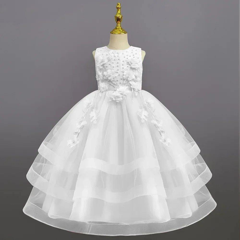 Vestido de princesa para crianças, Roupa de criança, Flores, Malha, Saia inchada, Casamento de meninas, Piano, Novo