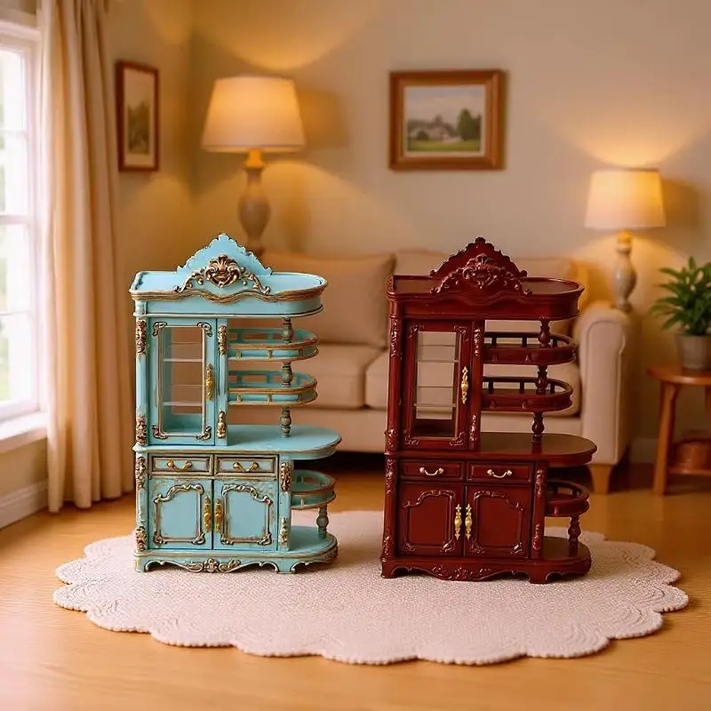 1Pcs 1/12 Scale European Style Dollhouse Furniture Vintage Miniature Storage Cabinet Simulation Mini Screen Cabinet Model Toy