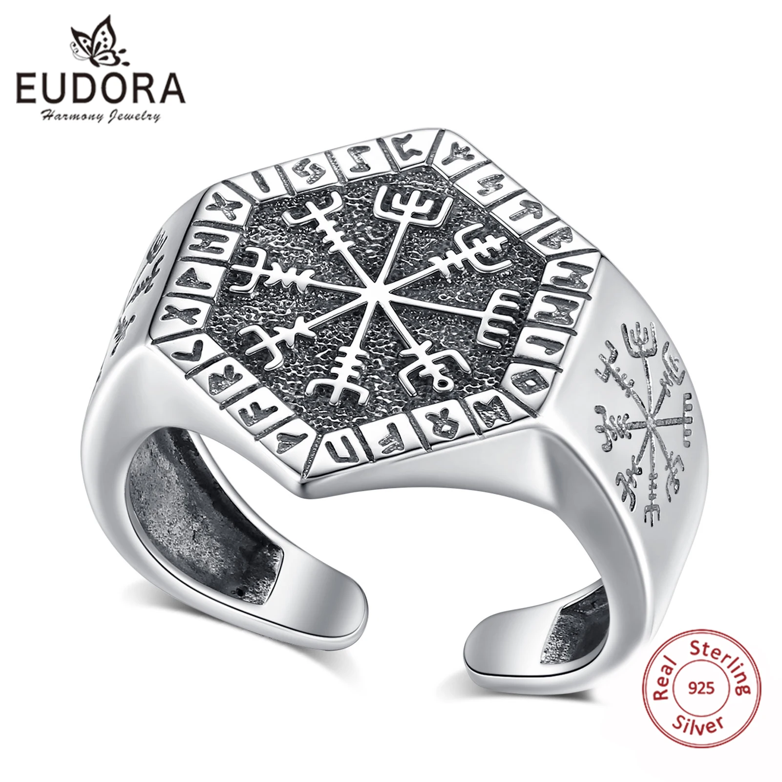 Eudora 925 Sterling Silver Viking Compass Adjustable Ring Norse Rune Vegvisir Ring Vintage Jewelry Holiday Gift for Men Women