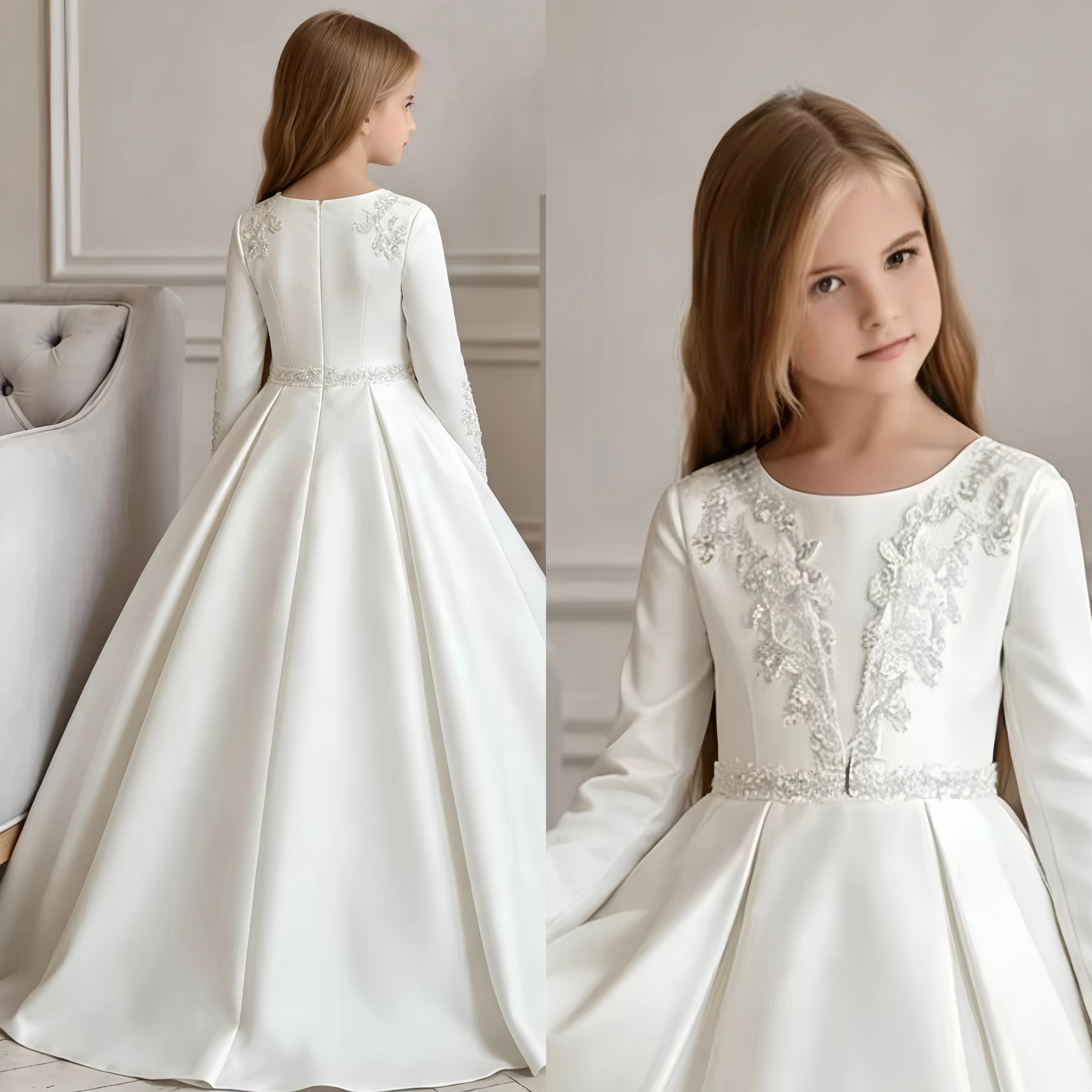

White Modest Lace Long Sleeve Satin 1st Communion Girls Gown Toddler Girls Minimalist European A-Line Flower Girl Dress