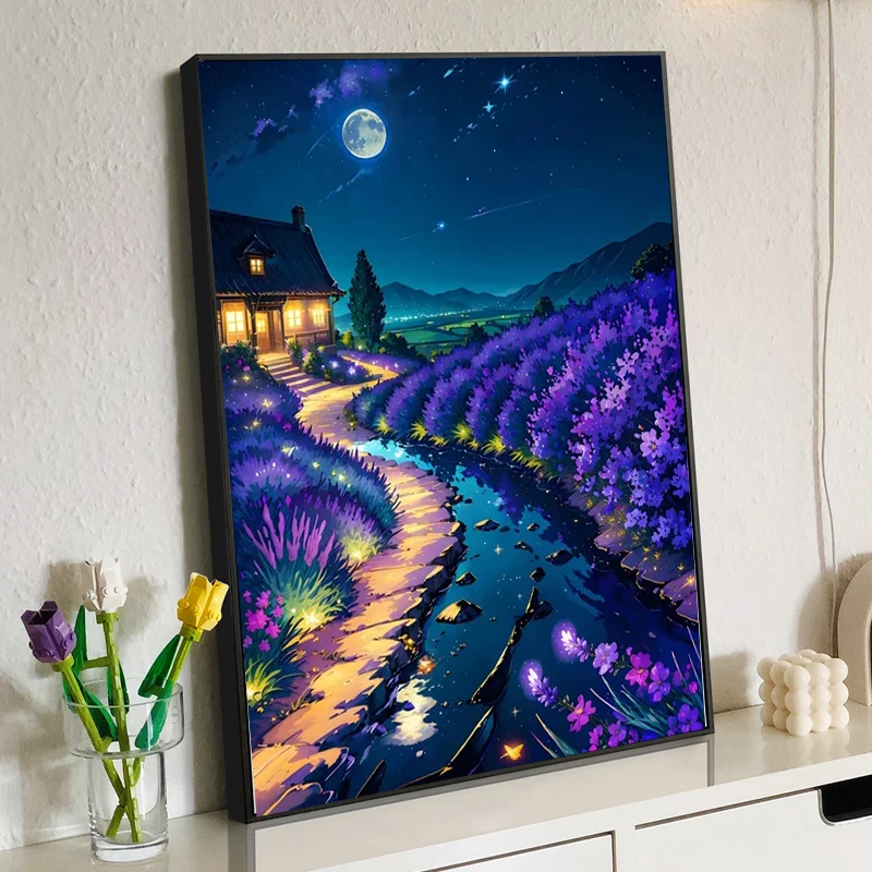 

RUOPOTY Diy Paint By Numbers For Beginner Kits Purple flowers on the roadside of the starry sky at night Original gifts Landscap