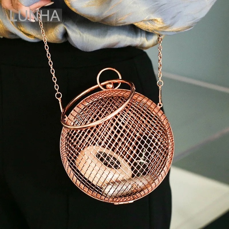 Women Circle Handle Evening Bag Metal Alloy Mesh Ball Shaped Clutch Bags Hollow Out Cosmetic Wristlet Handbag Luxury for Party E