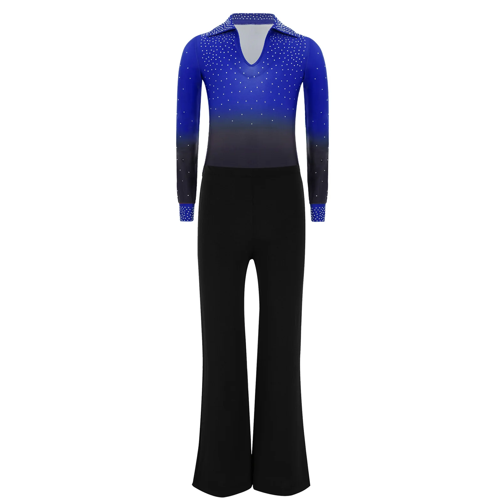 Bambini Ragazzi Jazz Vestito da ballo latino Strass lucidi Colore sfumato Colletto rovesciato Body a maniche lunghe con pantaloni Costume da discoteca