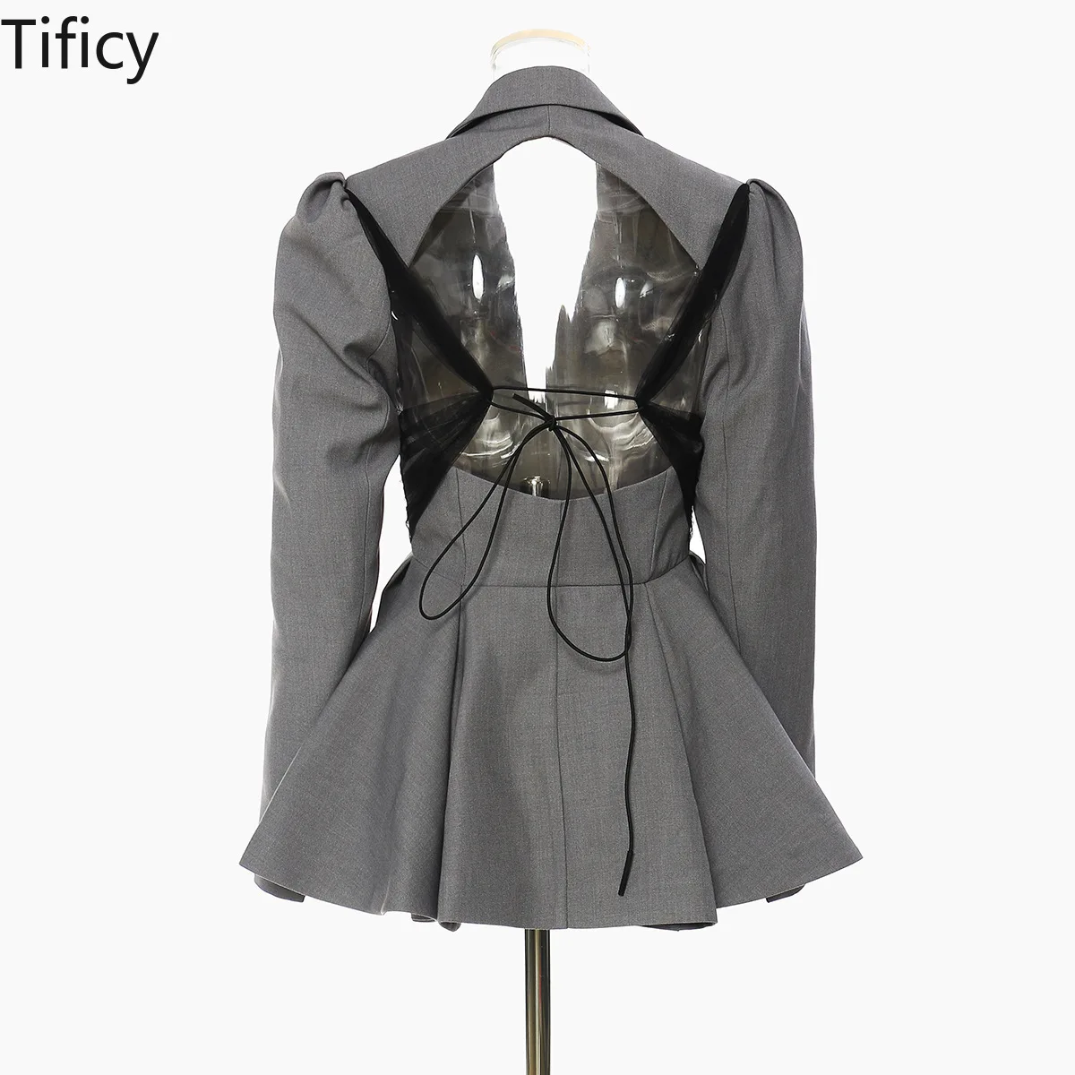 TIFICY Autumn Open Back Lotus Leaf Hem Blazers Women's Waistband and Slimming Suit Jacket