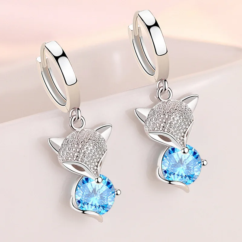 Cute Fashion Small Fox White Blue Pink Round Zircon Animal Earrings For Women 925 Sterling Silver Jewelry Dangle Earrings