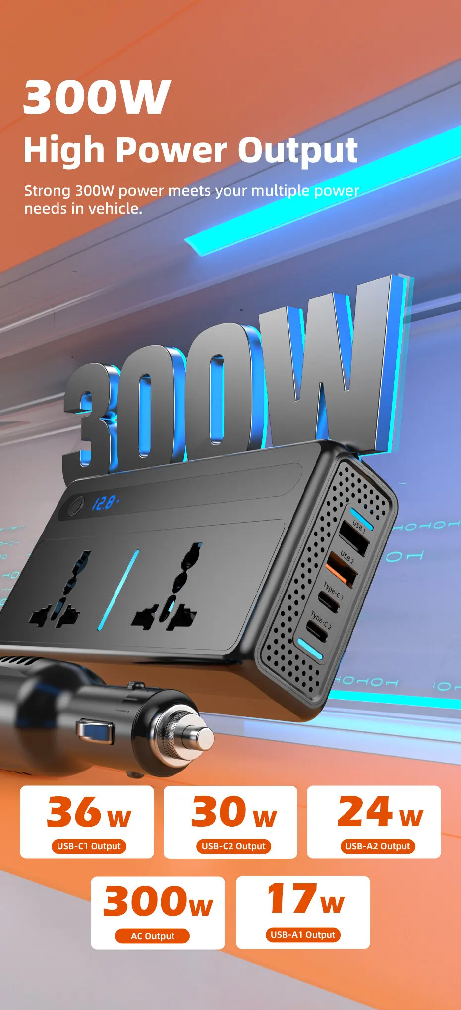 Vyvylabs 200W Auto-Stromwechselrichter 12V DC zu 220V AC Konverter Auto-Stromadapter Typ C USB Schnell-Ladestation Auto-Zubehör – Detail 3
