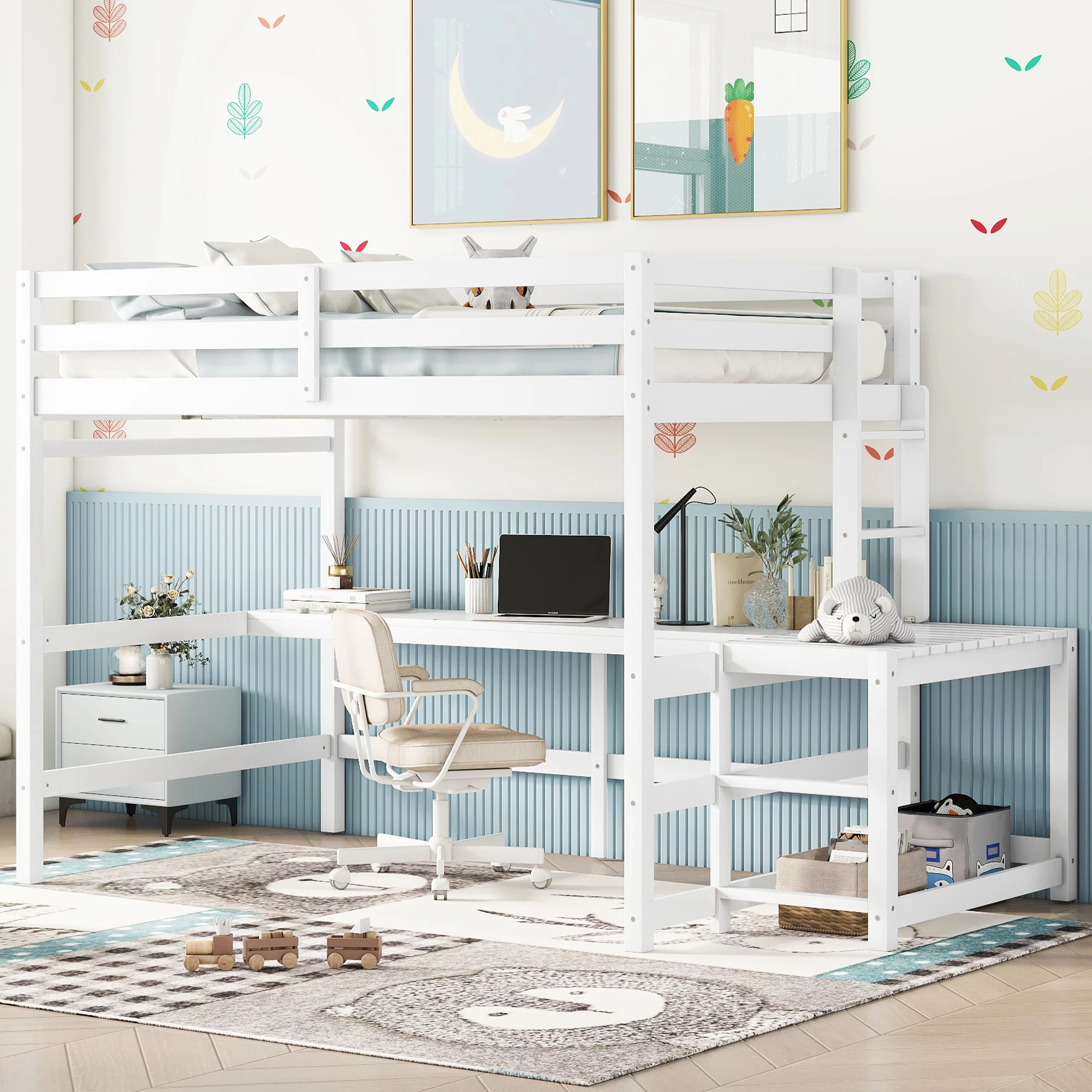 Full Loft Bed with Built-in Desk, Ladder Platform, Guardrails, White  97.80x57x67.50 in.