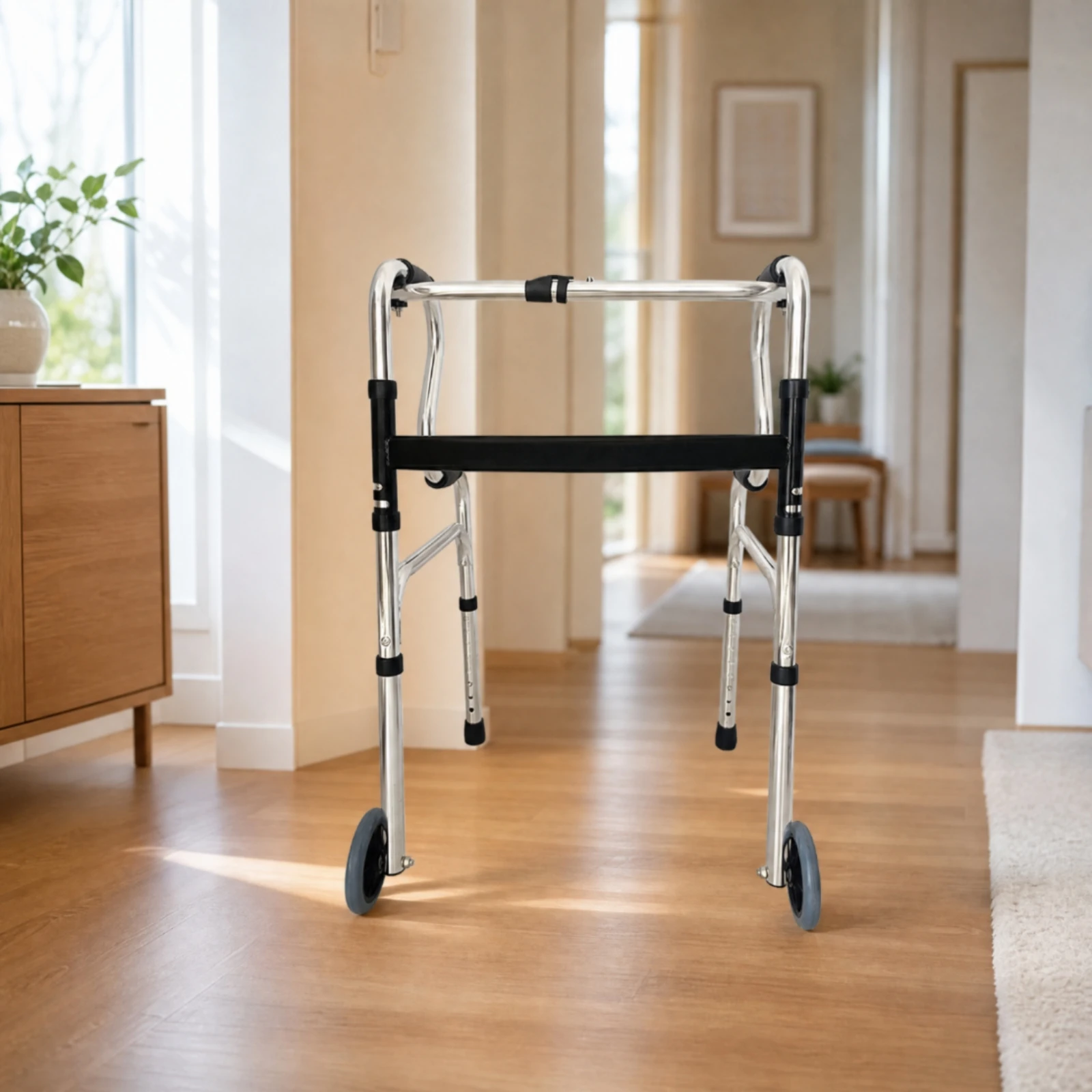 Wheeled Walking Frame Long-Lasting Rehabilitation Walking Aid with Padded Grips Height-Adjustable Rolling Mobility Aid Non-Slip