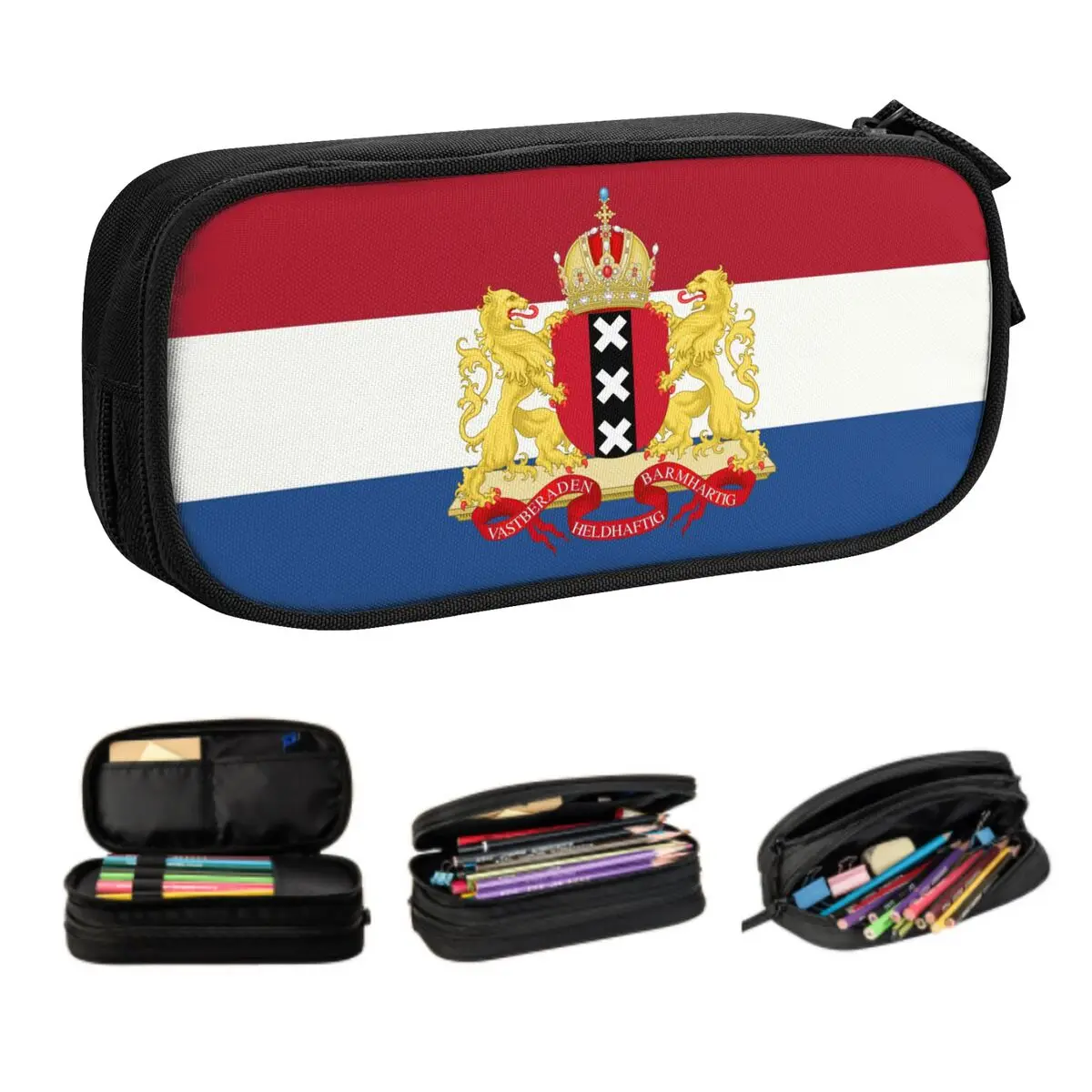 Korean Custom Coat Of Arms Of Amsterdam Pencil Cases for Netherlands Dutch Proud Large Storage Pen Box Bag School Accessories